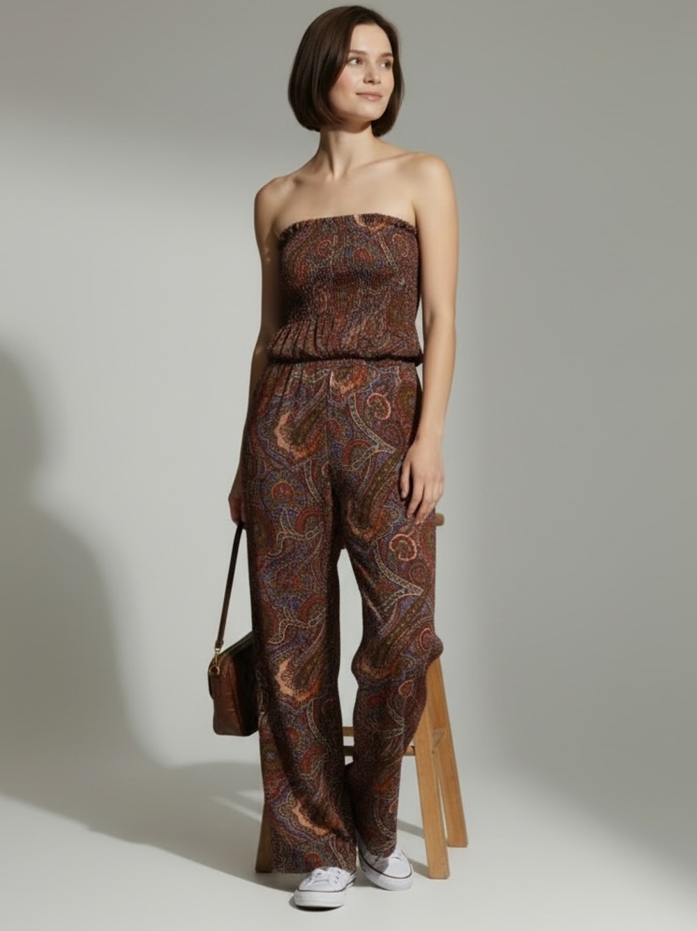 Veronica M Strapless Paisley Wide-Leg Jumpsuit in Brown Multi